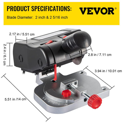 Side view of 110V Mini Miter Cut Off Chop Saw With Dual Two and Five Sixteenths Inch Blades, 0 to 45 Degree Benchtop for crafts