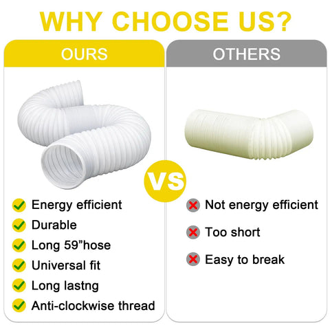 Comparison of universal portable AC exhaust hose 5.9 inch anti clockwise thread with built in steel ring and a shorter hose.
