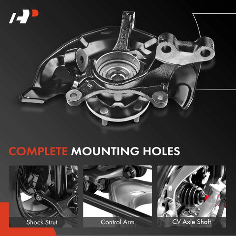 Image of a front left steering knuckle and wheel bearing hub assembly for Toyota Highlander 2004-2007, driver side AWD models.