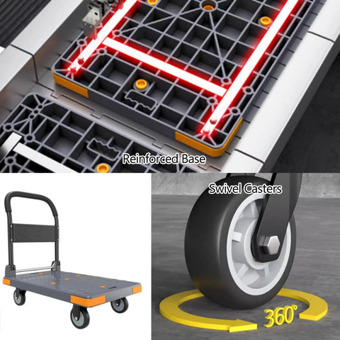Heavy Duty Four Wheel Platform Cart With 360 Degree Maneuverability And 660 Pound Capacity For Safe Transport Of Luggage And Packages Foldable Hand Truck With Anti Slip Deck For Stable Heavy Load Haul, reinforced base and swivel casters