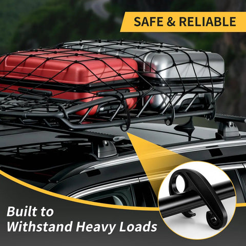 Heavy Duty Truck Bed Cargo Net For Pickup And SUV, 4 By 3 Feet Stretching To 8 By 6, securing luggage on a rooftop carrier.