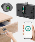 Bluetooth Fingerprint Cabinet Lock With Smart Biometric Keyless Access for file drawers and wardrobes, showing lock, drawer, and app interface.