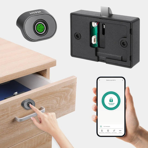 Bluetooth Fingerprint Cabinet Lock With Smart Biometric Keyless Access for file drawers and wardrobes, showing lock, drawer, and app interface.