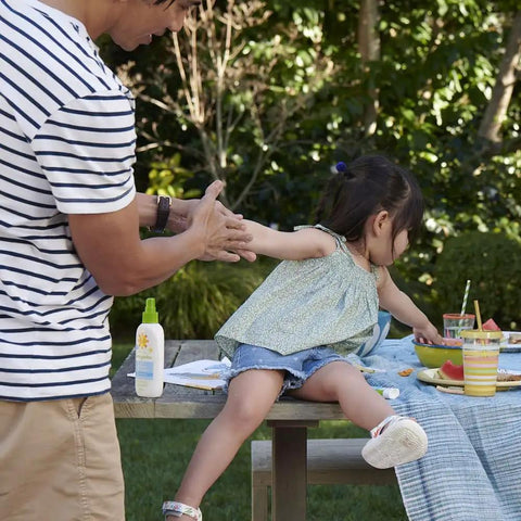 All Mineral Baby Sunscreen Spray SPF 50 With Broad Spectrum UVA UVB Protection on table during family picnic