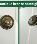 Antique bronze cabinet knob with decorative pattern, shown on a white cabinet door.