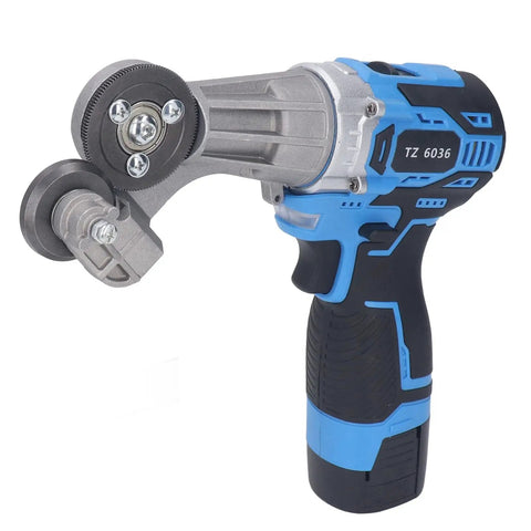 Jauarta Cordless Plate Shear Electric Drill Sheet Cutter With Ti Steel Gear for metal cutting, handheld design, blue and black color.