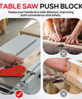 Action shot of Table Saw Push Stick For Woodworking, Red Push Block With Ergonomic Handle in use on a table saw for hand protection.