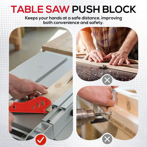 Action shot of Table Saw Push Stick For Woodworking, Red Push Block With Ergonomic Handle in use on a table saw for hand protection.