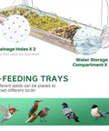 Clear Window Bird Feeder With Strong Suction Cups For Outdoors Watch Birds Up Close From Inside Your Home, showing feeding trays and drainage