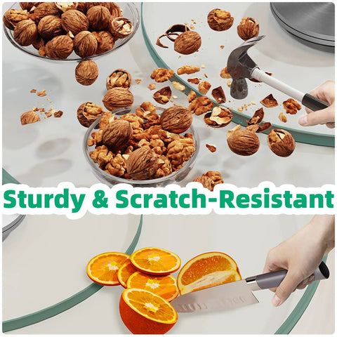 26.7 Inch Tempered Glass Lazy Susan For Tabletop Heavy Duty Rotating Serving Tray shown with nuts and oranges being cut