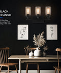 Matte Black 3 Light Vanity Wall Sconces With Clear Glass Shades above dining table with decor, E26 Base UL Listed