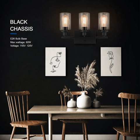 Matte Black 3 Light Vanity Wall Sconces With Clear Glass Shades above dining table with decor, E26 Base UL Listed