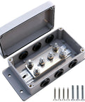 Heavy Duty 500A Bus Bar Tin Plated Copper Junction Block with 6 M8 studs inside a gray power distribution box.