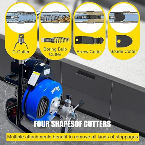 Heavy Hitter Electric Drain Cleaner Machine With 100 Foot Snake Cable showing four cutter attachments for effective clog removal.