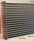 Top Shelf 15X15 Stainless Steel Water To Air Heat Exchanger With One Inch Copper Ports and Slick Front Flange showing 15x15 finned area.