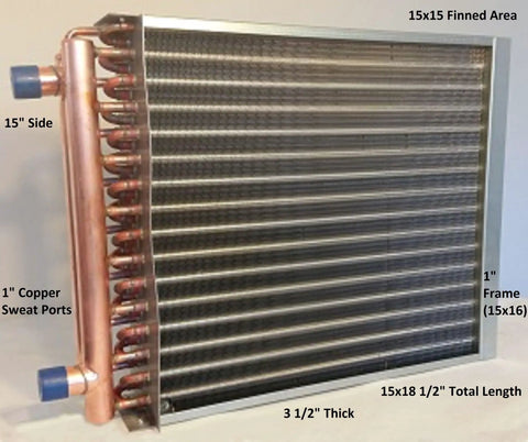 Top Shelf 15X15 Stainless Steel Water To Air Heat Exchanger With One Inch Copper Ports and Slick Front Flange showing 15x15 finned area.