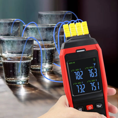 Thermocouple thermometer data logger, four-channel, red handheld with yellow K-type probes