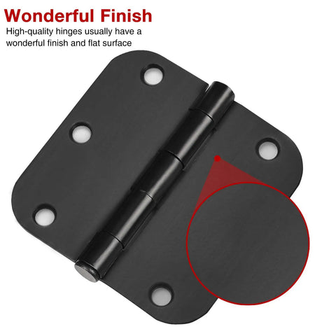 Matte Black 3.5 Inch Door Hinges Set, 18 Pack, Five Eighths Inch Radius, Reversible Removable Pin, flat finish close-up