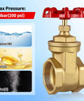 Brass gate valve with red handwheel, 3/4 in NPT, double‑female threads (front view) for water, oil, and gas