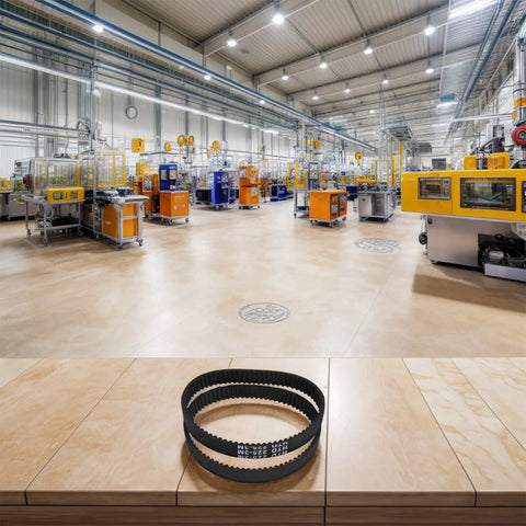 Premium Drop In Replacement Drive Belt For Pho 15 82 16 82 20 82 Planers on a wooden table in a factory setting.