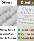 Comparison of piercing jewelry, hypoallergenic stainless steel on the right, others on the left. Brands: D.bella and others.