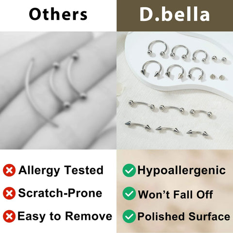 Comparison of piercing jewelry, hypoallergenic stainless steel on the right, others on the left. Brands: D.bella and others.