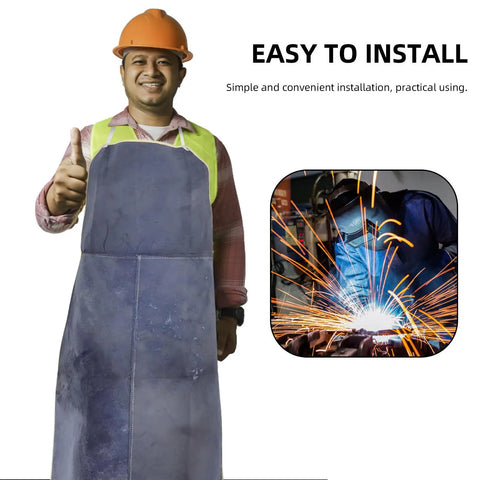 Heavy Duty Cowhide Welding Apron Built To Last For Tough Jobs With Serious Heat Protection and Soldering Defense, worn by a worker.