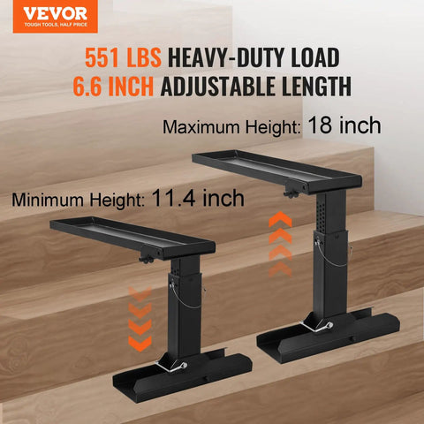 Stair-Friendly Ladder Leveler Extender on stairs, showing adjustable height between 11.4 and 18 inches, non-slip stabilizer.