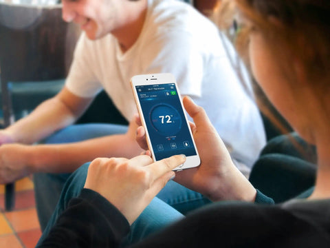 Using smartphone to control Large 5 Inch Full Color Touchscreen WiFi Thermostat For 24V HVAC Systems With Alexa Enabled Control App.
