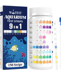 9 In 1 Aquarium Test Strips 150 Count Fish Tank Water Testing Kit displayed with test strip tube and color chart.