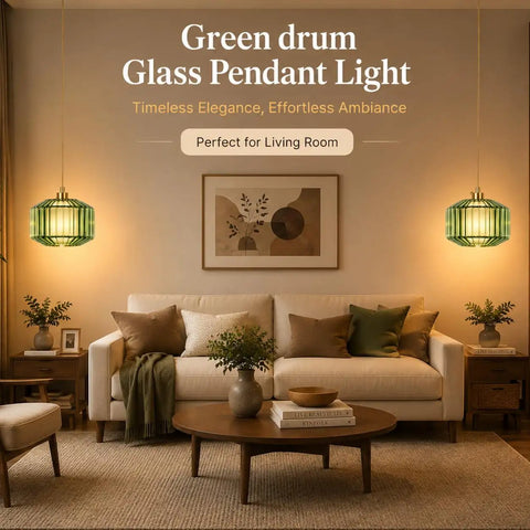 UUSWAWW Plug in Pendant Hanging Light Fixture Green Drum Glass with Fabric Inner Shade,Vintage Dimmable Hanging Lamp Cord, Gold Swag Lamp for Bedroom Ceiling Kitchen,Boho Mid Century Modern Decor in living room setting.