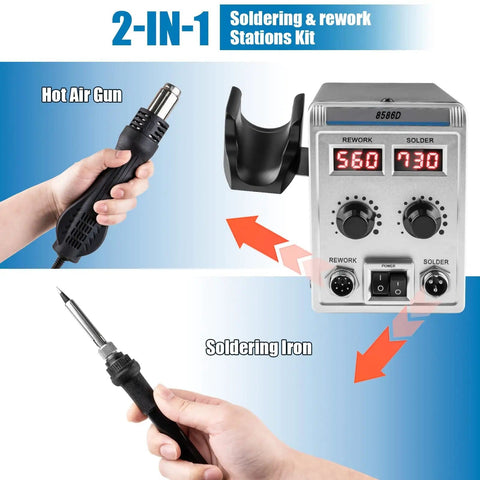 2 In 1 Soldering Station With SMD Hot Air Rework, LED Dual Digital Display showing soldering iron and heat gun
