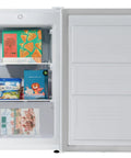 Chill Your Stash Or Freeze Your Snacks In This Solid Convertible Upright Freezer Fridge 3 Cubic Feet White Compact Design with visible ice cream and pizza.