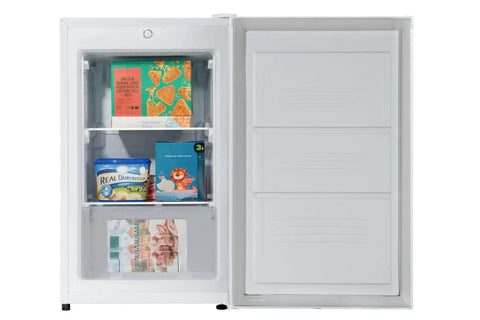 Chill Your Stash Or Freeze Your Snacks In This Solid Convertible Upright Freezer Fridge 3 Cubic Feet White Compact Design with visible ice cream and pizza.