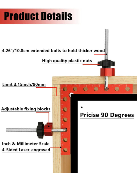 Corner Clamps For Woodworking 90 Degree Right Angle Positioning details with aluminum clamp on wood showing precise 90-degree alignment.