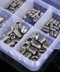 200 Piece Stainless Steel Grub Screw Kit Must Have M3 M4 M5 M6 M8 Hex Socket Assortment in plastic case compartments.