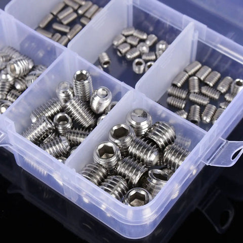 200 Piece Stainless Steel Grub Screw Kit Must Have M3 M4 M5 M6 M8 Hex Socket Assortment in plastic case compartments.