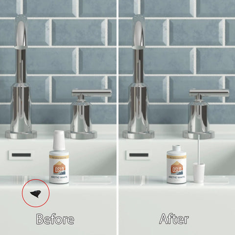 Before and after using Porcelain And Appliance Touch Up Paint Nimbus White 1oz With Brush In Bottle High Gloss for sink repair.