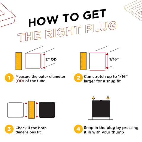 Diagram showing how to measure and install 2 Inch Square Tube End Caps For Black Metal Tubing, Flexible Plastic Hole Plugs.