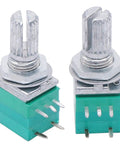 Pack Of 12 Dope Single Linear Rotary Potentiometers With Switch Two Of Each 5K 10K 20K 50K 100K 500K Ohms Knurled Shaft 5Pin RK097N-5-5K-500K Top Adjustment Type B 300 Degree Rotation front view of two potentiometers with knurled shafts.