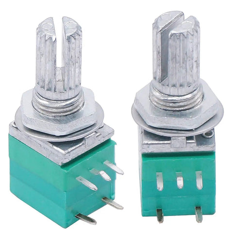 Pack Of 12 Dope Single Linear Rotary Potentiometers With Switch Two Of Each 5K 10K 20K 50K 100K 500K Ohms Knurled Shaft 5Pin RK097N-5-5K-500K Top Adjustment Type B 300 Degree Rotation front view of two potentiometers with knurled shafts.