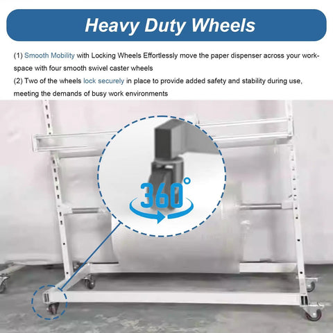 Close-up of locking swivel caster wheel on Badass Heavy Duty Steel Bubble Wrap Dispenser Stand with 360° rotation.