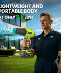 Man using Cordless Leaf Blower With Turbo Power 980000 RPM Beast Mode Wind Up To 50 Meters Per Second And 110 MPH
