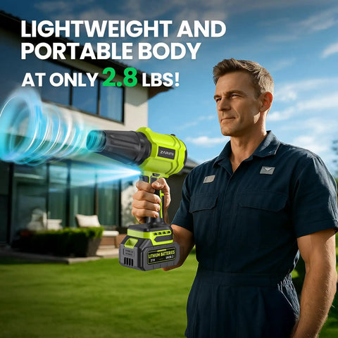 Man using Cordless Leaf Blower With Turbo Power 980000 RPM Beast Mode Wind Up To 50 Meters Per Second And 110 MPH