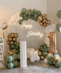 Lit Happy Birthday Neon Sign LED Light For Wall Backdrop Decoration With Split Design Reusable Approximately Forty Inch Total Length White Neon displayed among balloons