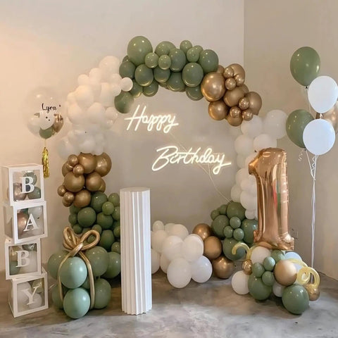 Lit Happy Birthday Neon Sign LED Light For Wall Backdrop Decoration With Split Design Reusable Approximately Forty Inch Total Length White Neon displayed among balloons