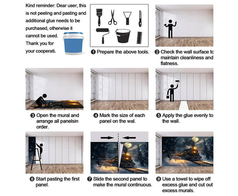 Step-by-step installation guide for Epic Steam Locomotive Wall Mural 3D Train Wallpaper, showing tools, preparation, and application tips.
