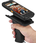 Rugged Android 11 Handheld Barcode Scanner With Pistol Grip showing touchscreen and controls in hand