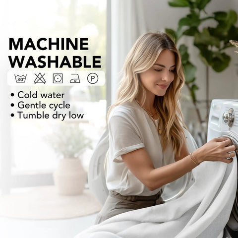 Woman placing Light Grey Faux Linen Blackout Curtains Tab Top Pack Of 2 52 Inch W By 63 Inch L Room Darkening Thermal Drapes into washing machine