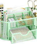 Go To Compact Mesh Desk Organizer With Nine Compartments And Drawers In Green for home office or classroom supplies.